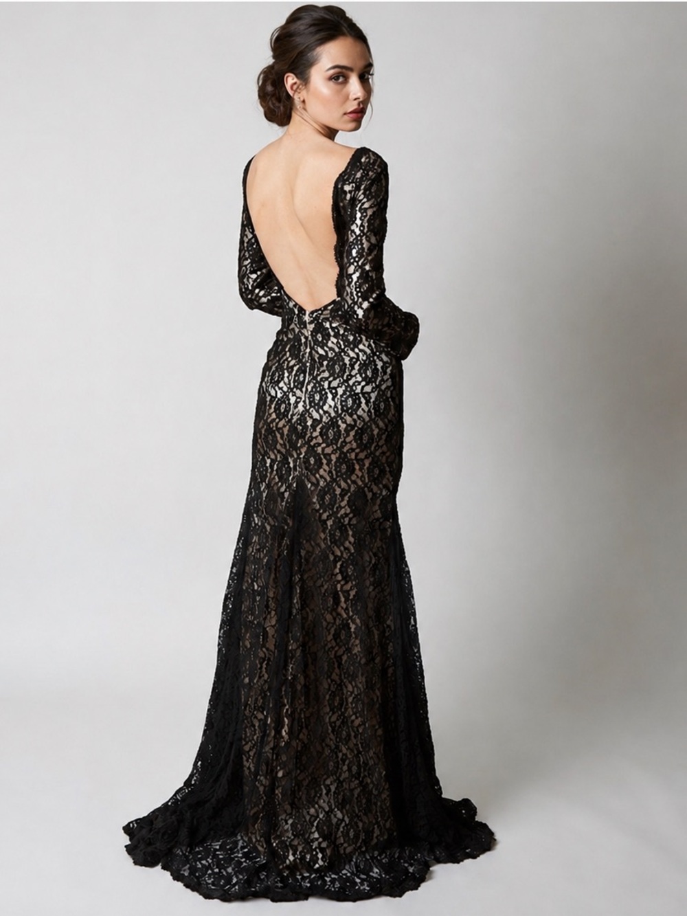 Black Lace Formal Gown Grad Bridesmaid Low Back with Train